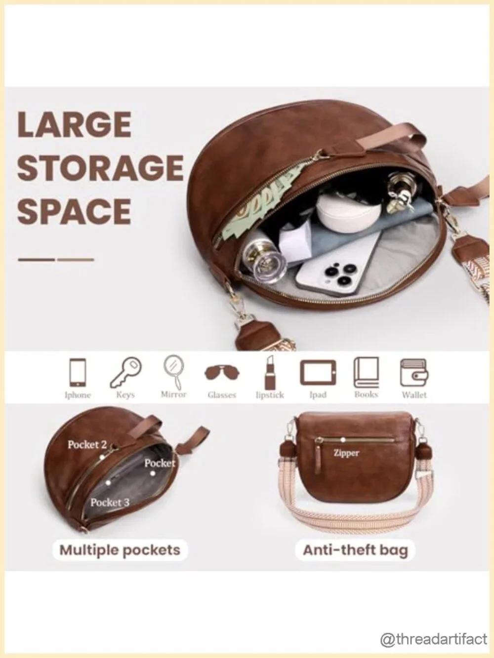 PU Leather Crossbody Fanny Pack Double Zip Multi Compartment with 2 Adjustable